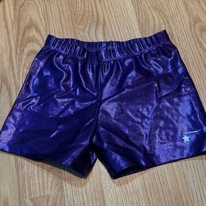 Destira Girls Purple Metallic Gymnastics Shorts Sparkle Star Logo Adult Small